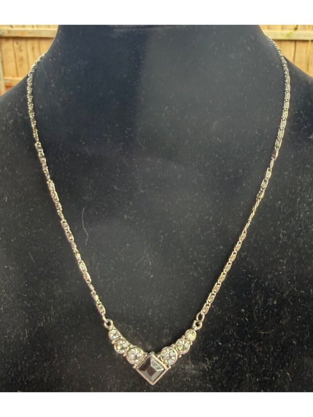 Silver-tone Fashion Necklace w/Geometric Square Stone Accent Crystals 12.5"